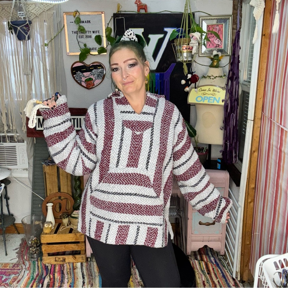 Y2K Festival Striped Hooded knit Maroon and White Women's Sweater unisex’s